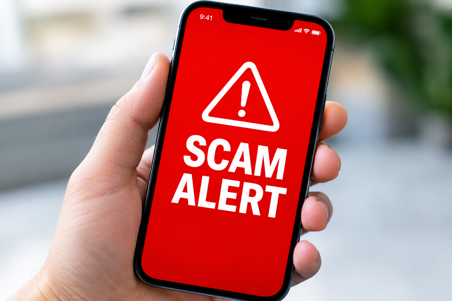 A hand holding a smartphone displaying a red “SCAM ALERT” warning with an exclamation mark.