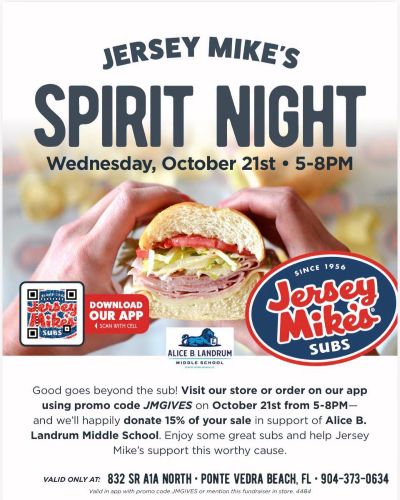 Official Landrum Middle School Jersey Mike’s Spirit Night flier for Wednesday, October 21, from 5 to 8 p.m., with 15 percent donated to the school.