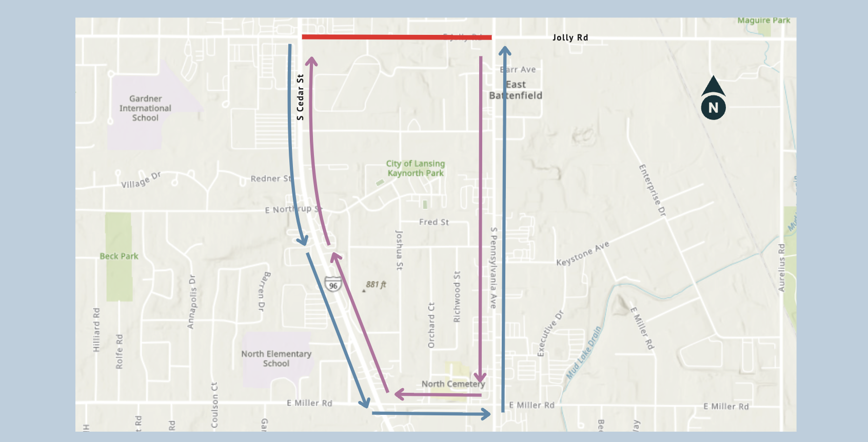 Map showing the Jolly Road closure between Cedar Street and Pennsylvania Avenue in Lansing, with eastbound and westbound detours using Cedar Street, Miller Road and Pennsylvania Avenue.