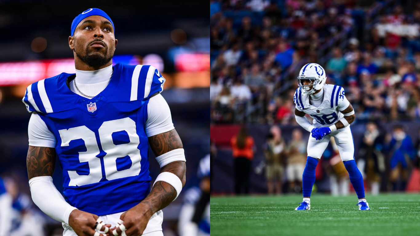 Collage showing man in football jersey looking up and playing on turf.