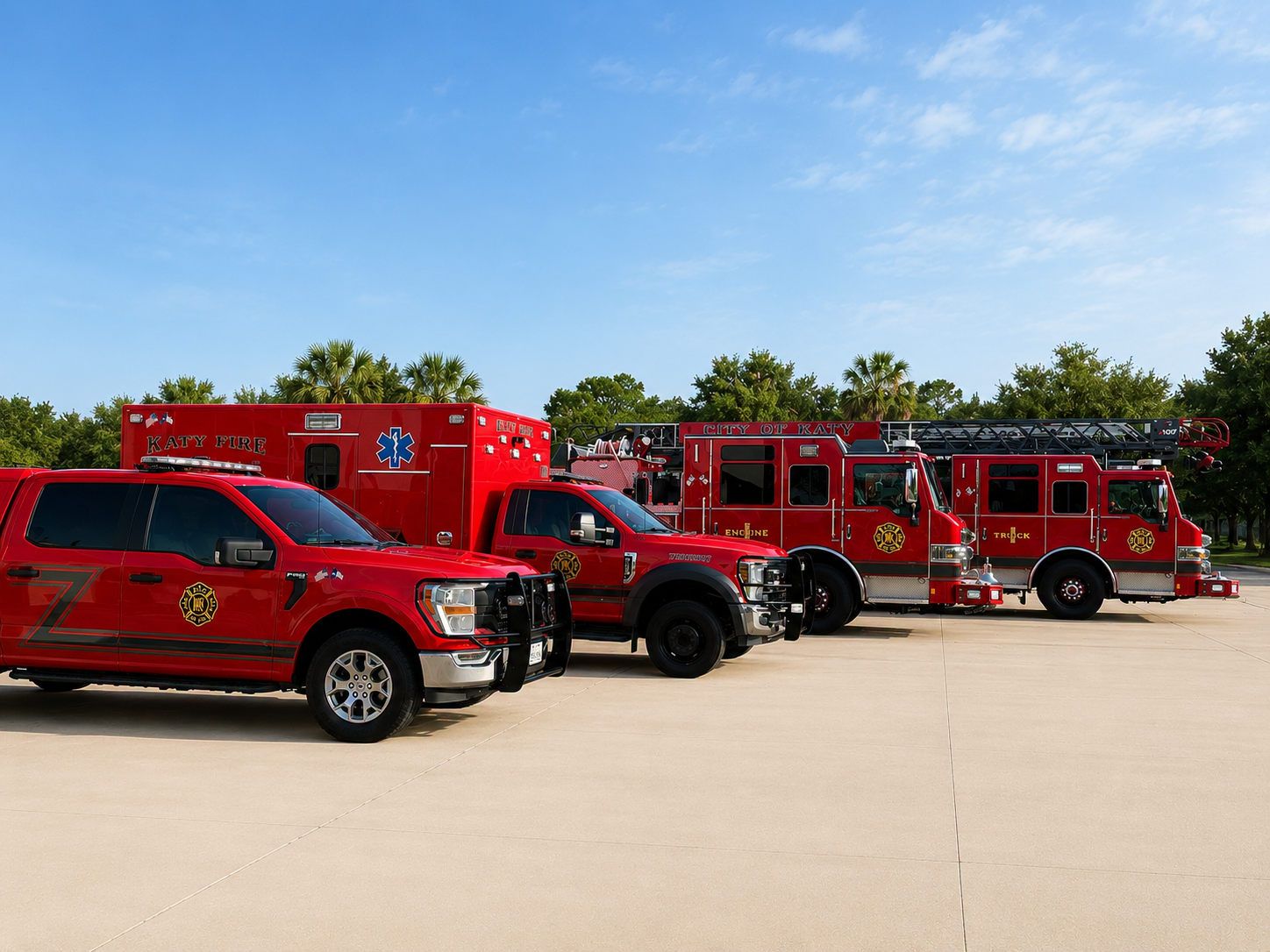 Emergency vehicles lined up outside station.