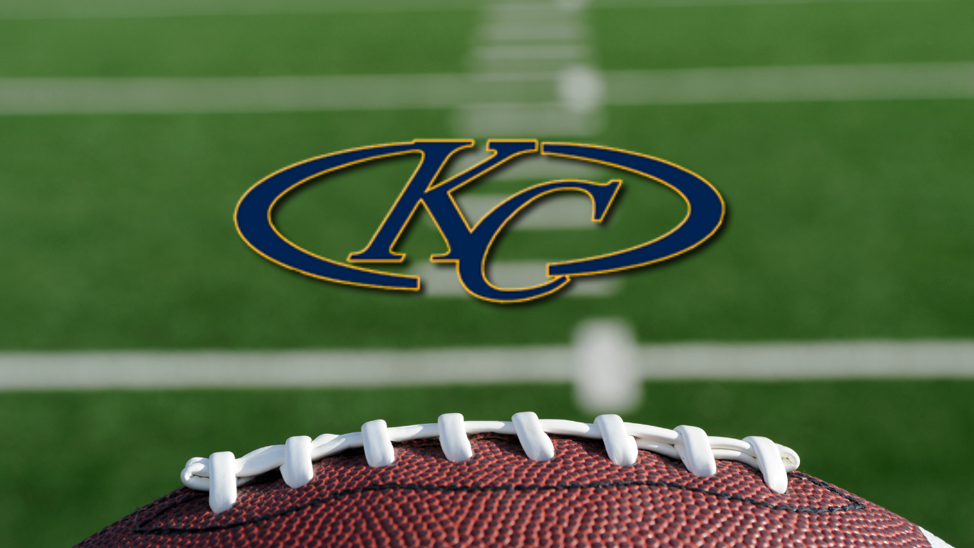 Klein Collins High School Logo shows KC in navy and yellow on football background