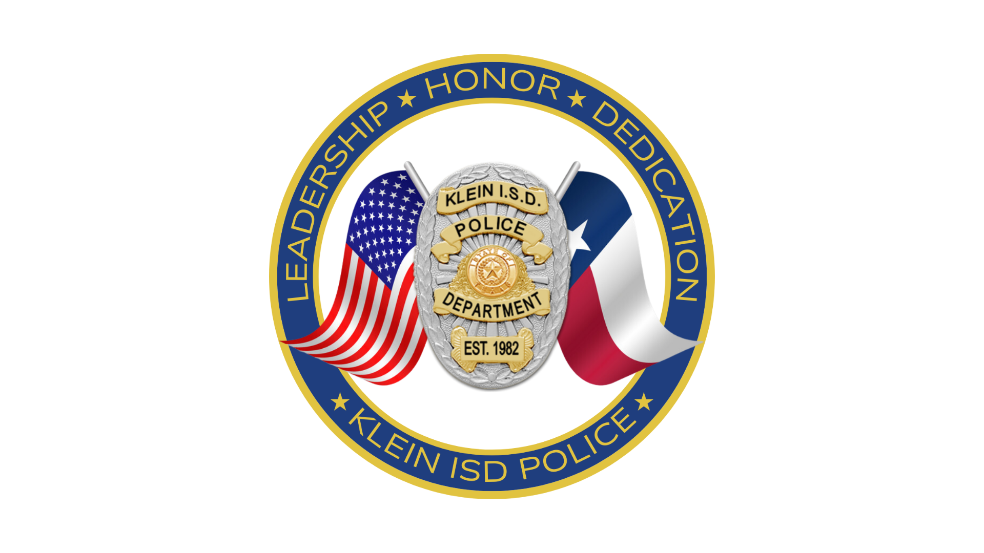 Circular Klein ISD Police Department badge emblem featuring a silver police shield flanked by American and Texas flags, encircled by a blue and gold ring reading "Leadership, Honor, Dedication" and "Klein ISD Police."