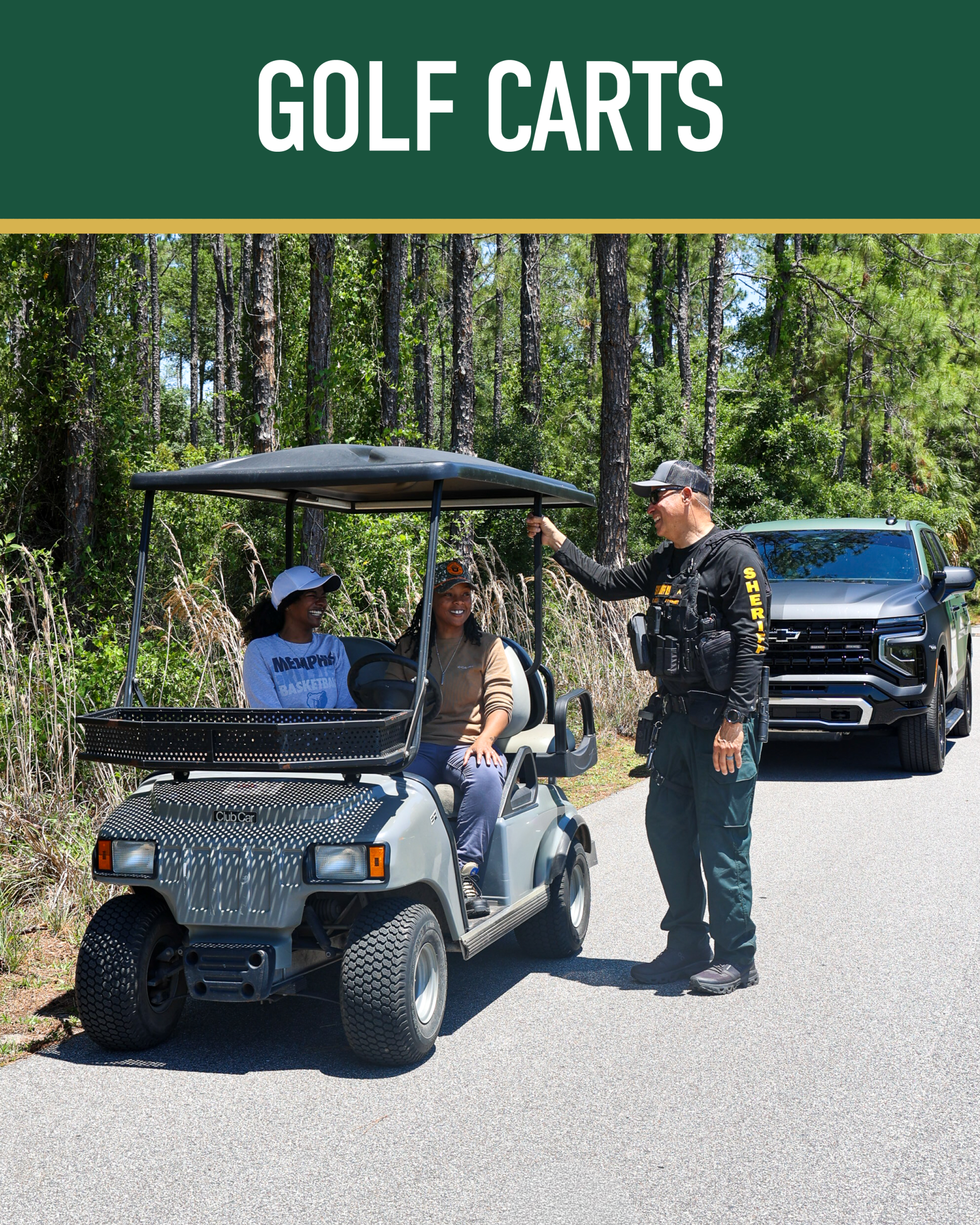 Pasco Sheriff’s Office golf cart safety graphic showing a deputy speaking with two golf cart occupants.
