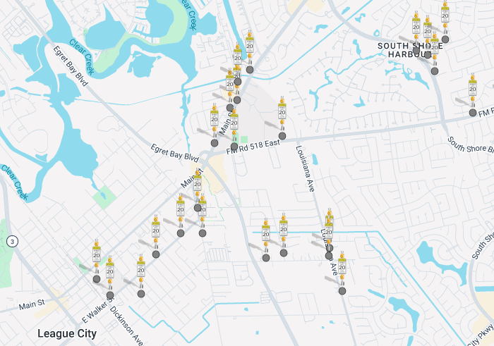 League City TX Aug. 2026 School Zone Flasher Testing Map