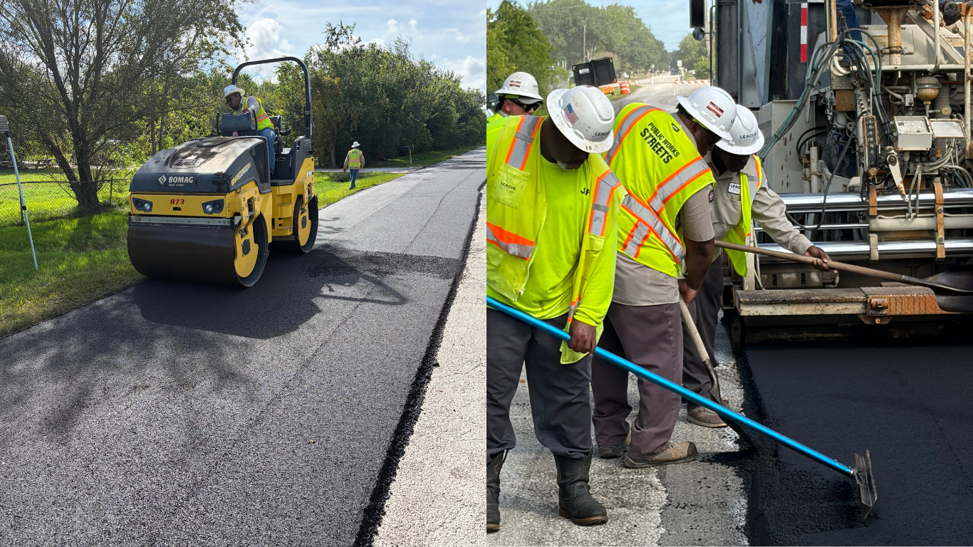 Road workers laying down ashphalt in League City TX.