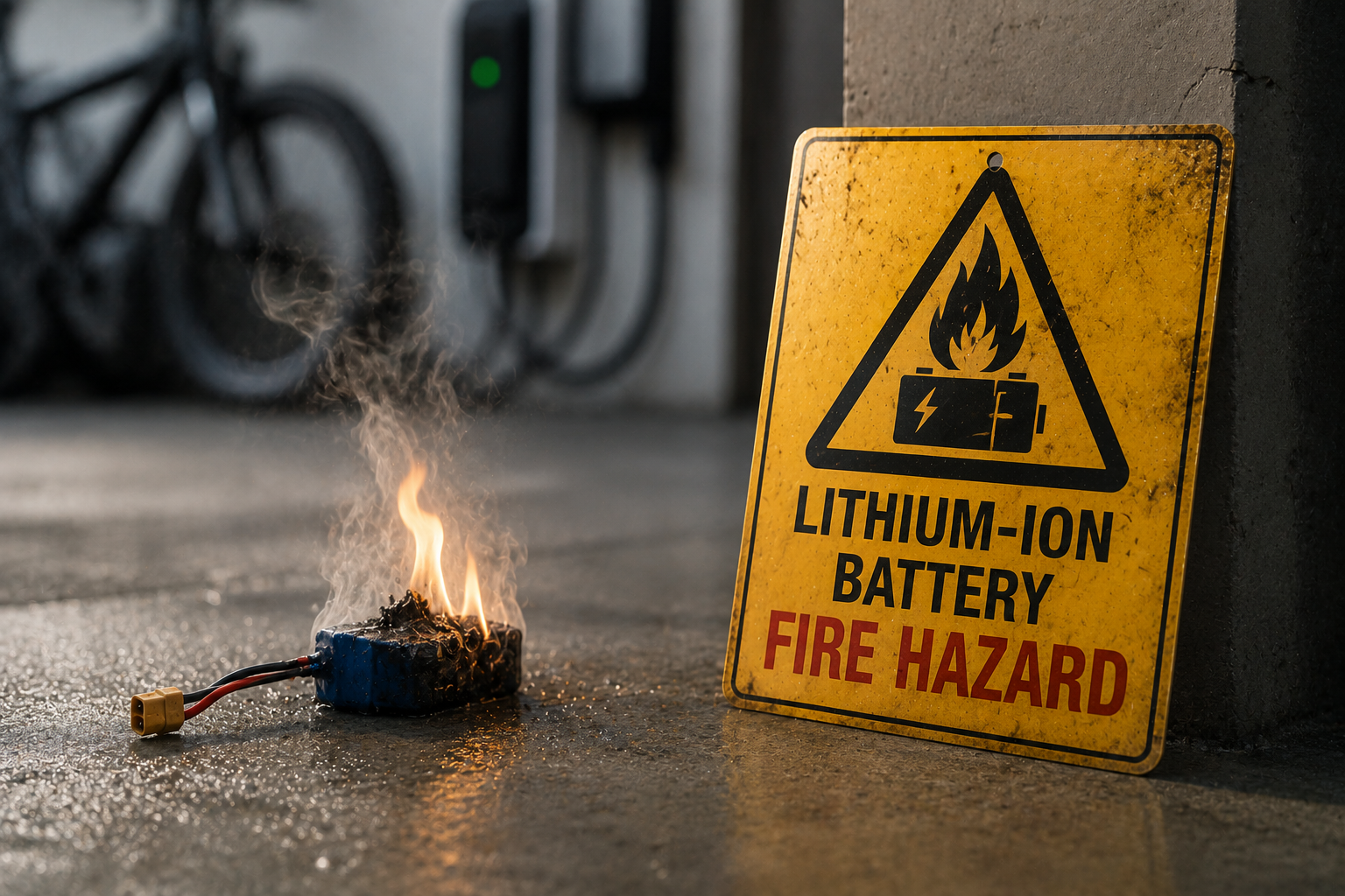 Battery on fire next to sign that says Lithium-Ion battery fire hazard.