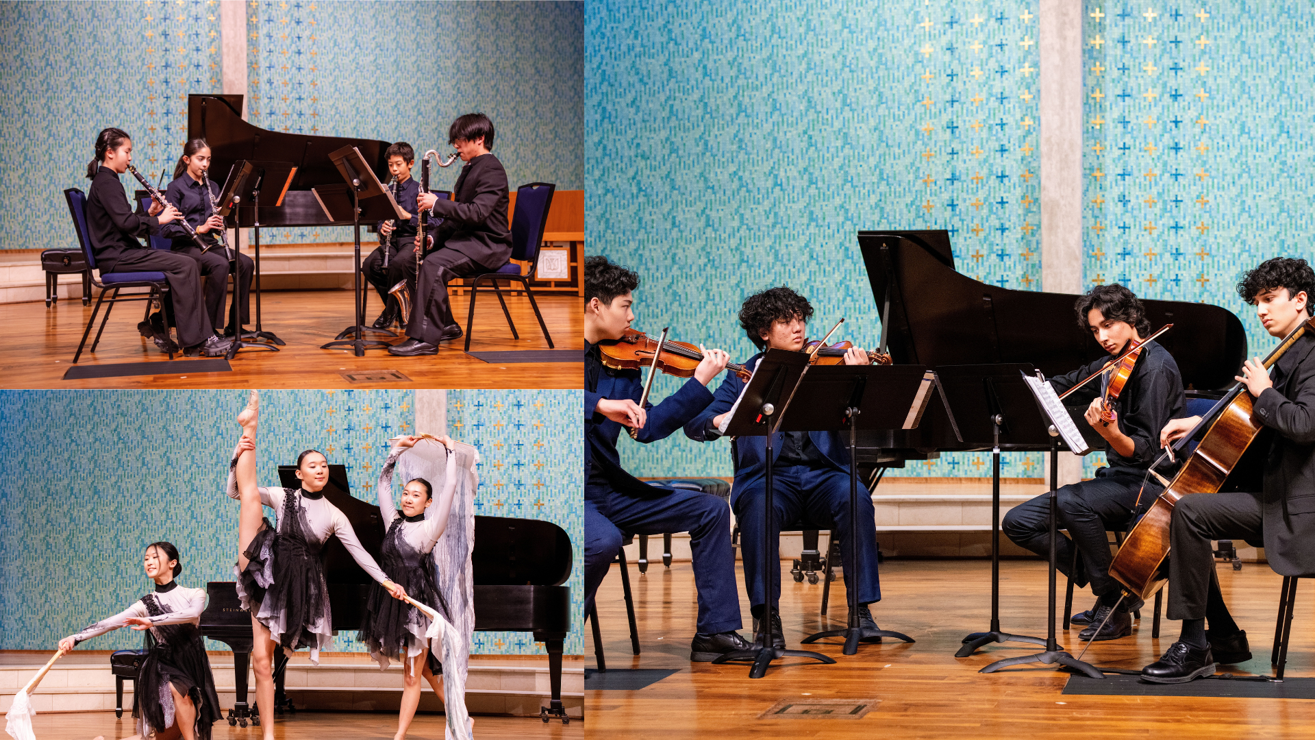 Students playing instruments and dancing at benefit concert.