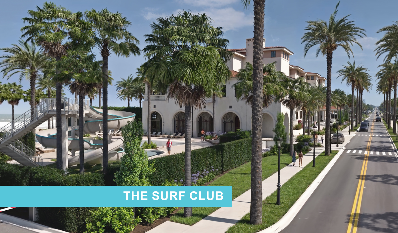 Architectural rendering of the planned Surf Club, with a winding water slide beside the pool and Ponte Vedra Boulevard.