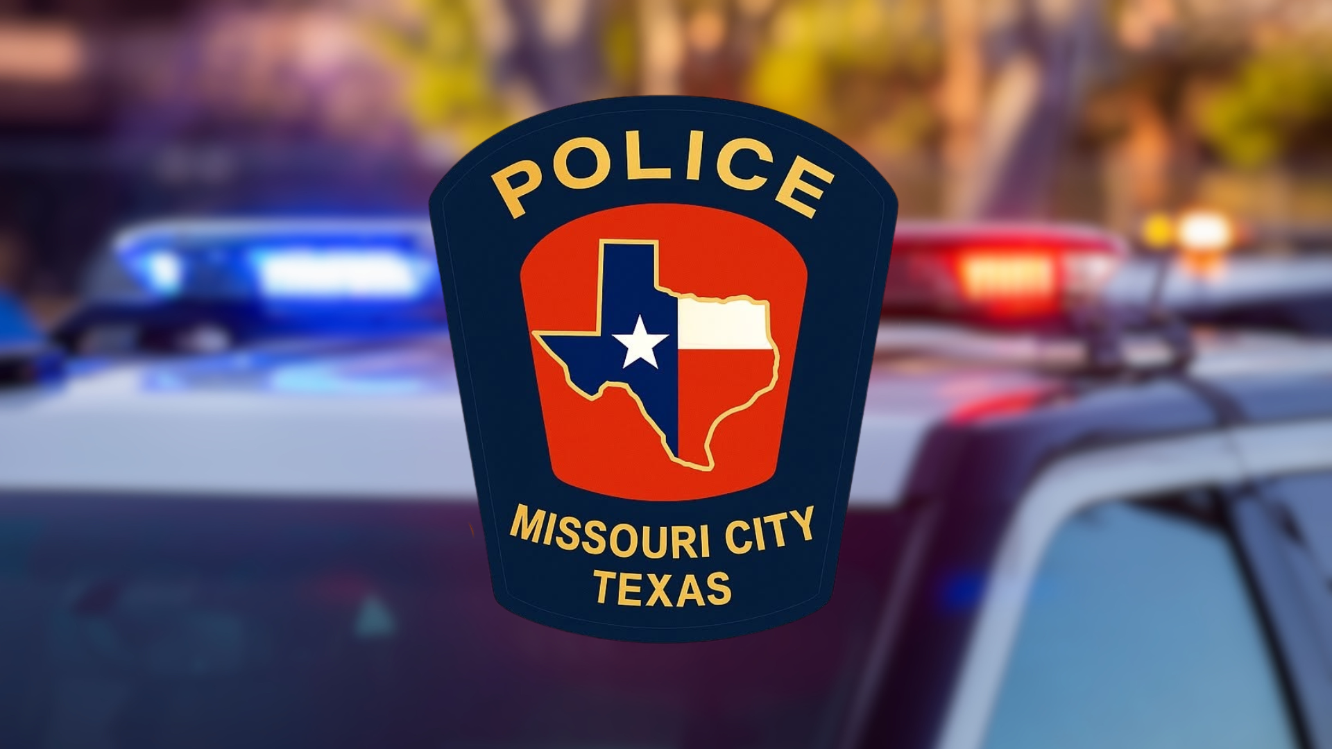 Missouri City Police Department Badge Logo on Blurred Police Lights background.