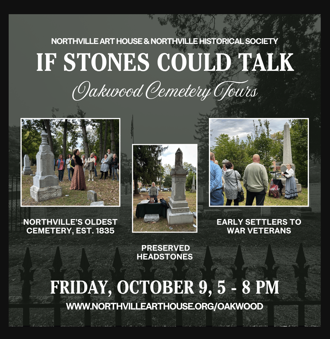 Event flyer showing cemetery headstones and tour groups for a living history cemetery tour.