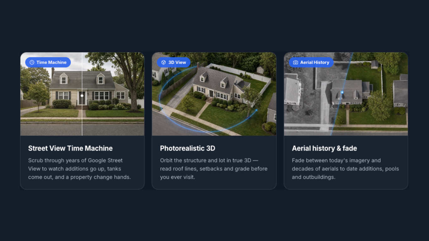 Website graphic showing three property research features: a street-view time machine, photorealistic 3D view and aerial imagery history.