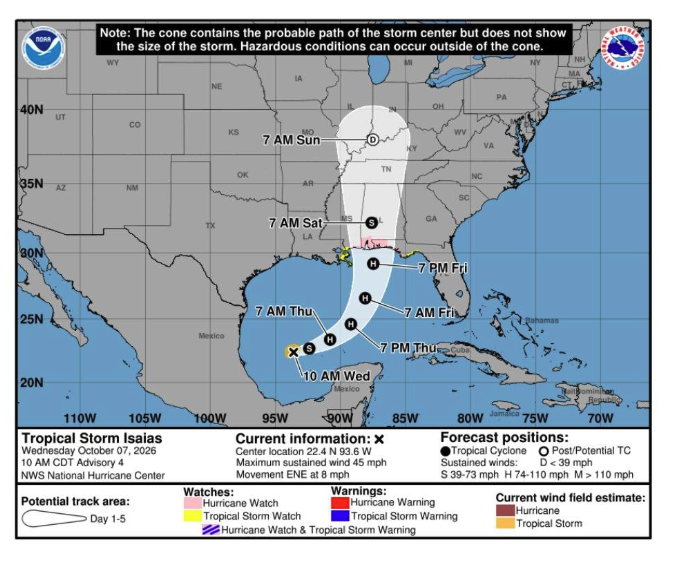 Weather model graphic showing potential storm path