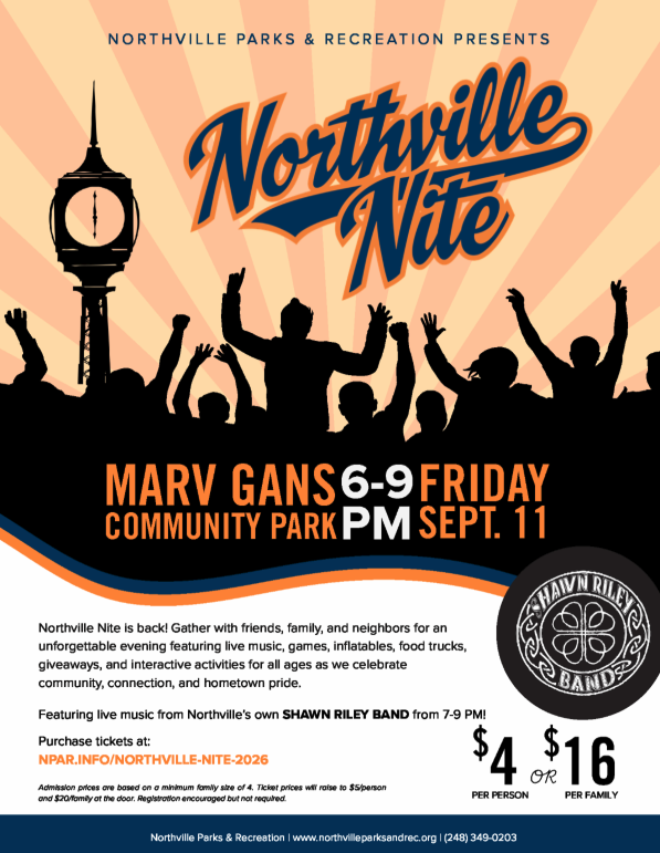 A promotional flyer for Northville Nite 2026, reading "Marv Gans Community Park, 6-9 PM Friday Sept. 11," featuring silhouettes of a cheering crowd, the Northville clock tower, and Shawn Riley Band branding.