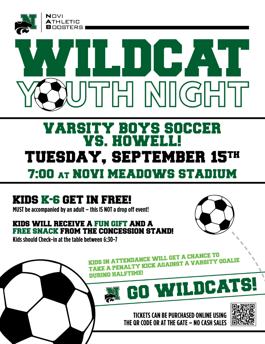 A green and white flyer for Novi Athletic Boosters' Wildcat Youth Night, promoting a varsity boys soccer game against Howell on Tuesday, Sept. 15, at Novi Meadows Stadium, with free admission for kids in grades K-6.