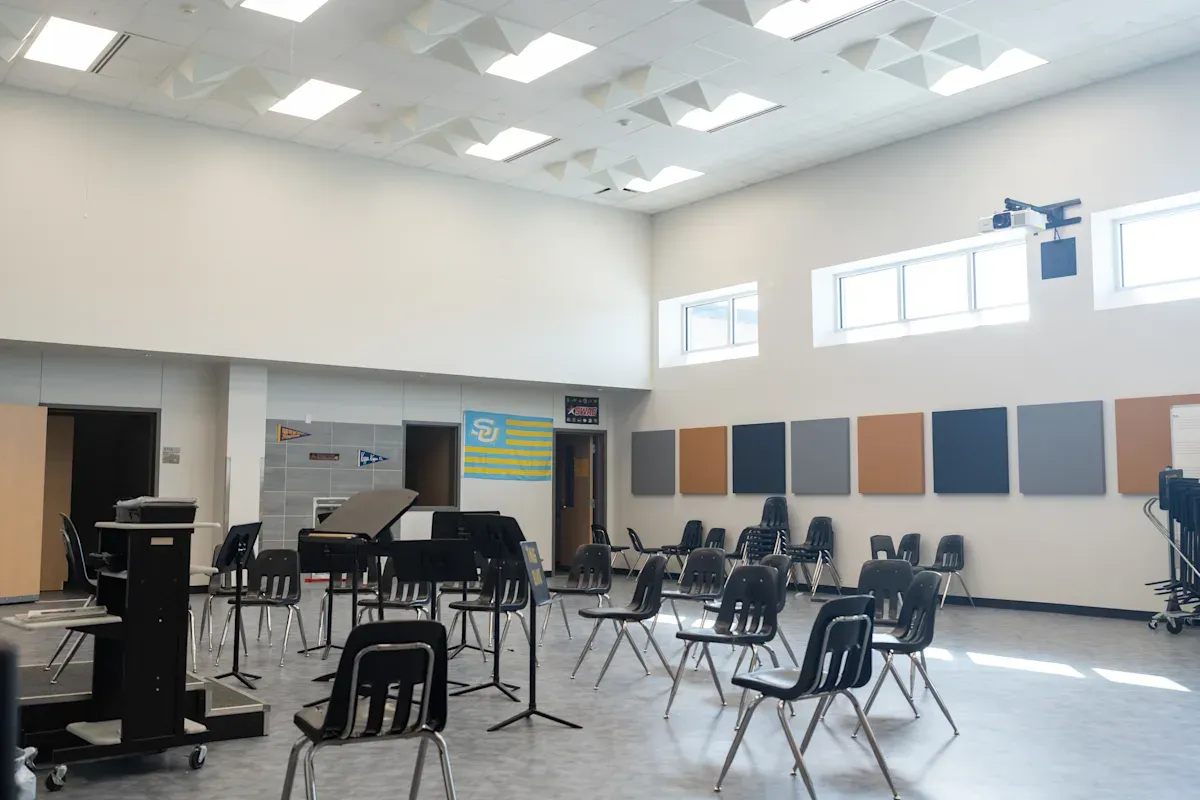 Orchestra room in the new building addition at Marshall High School.