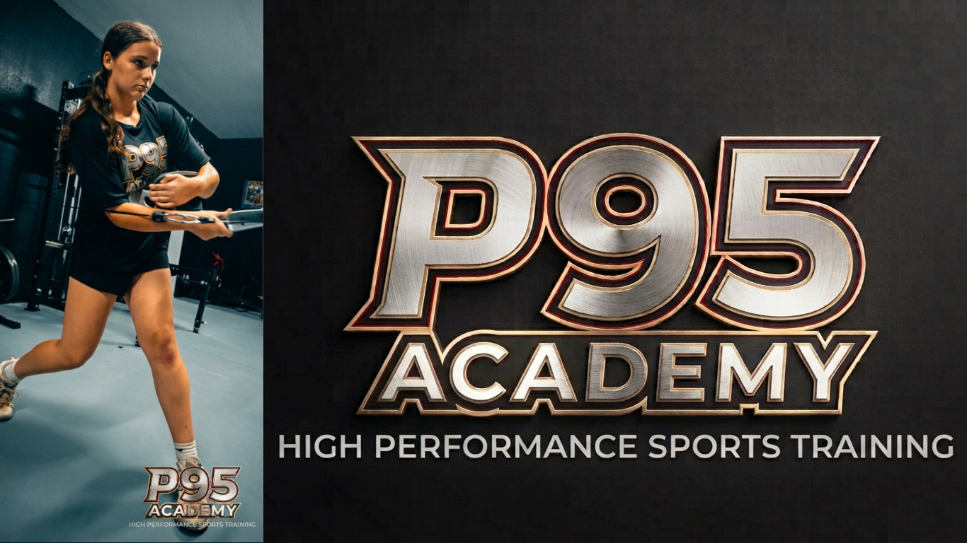 P95 Academy high-performance sports training graphic featuring a young athlete using a barbell in a gym beside the P95 Academy logo and the words “High Performance Sports Training.”