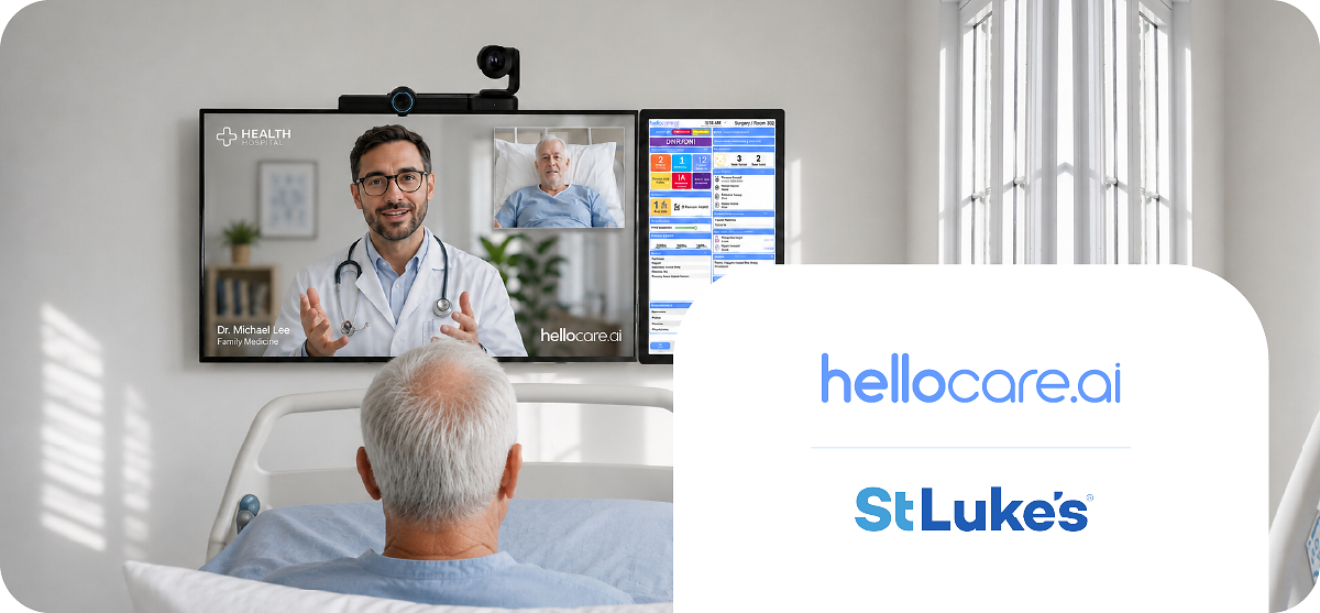 Company promotional graphic showing a virtual-care display in a hospital room alongside the hellocare.ai and St. Luke’s logos.