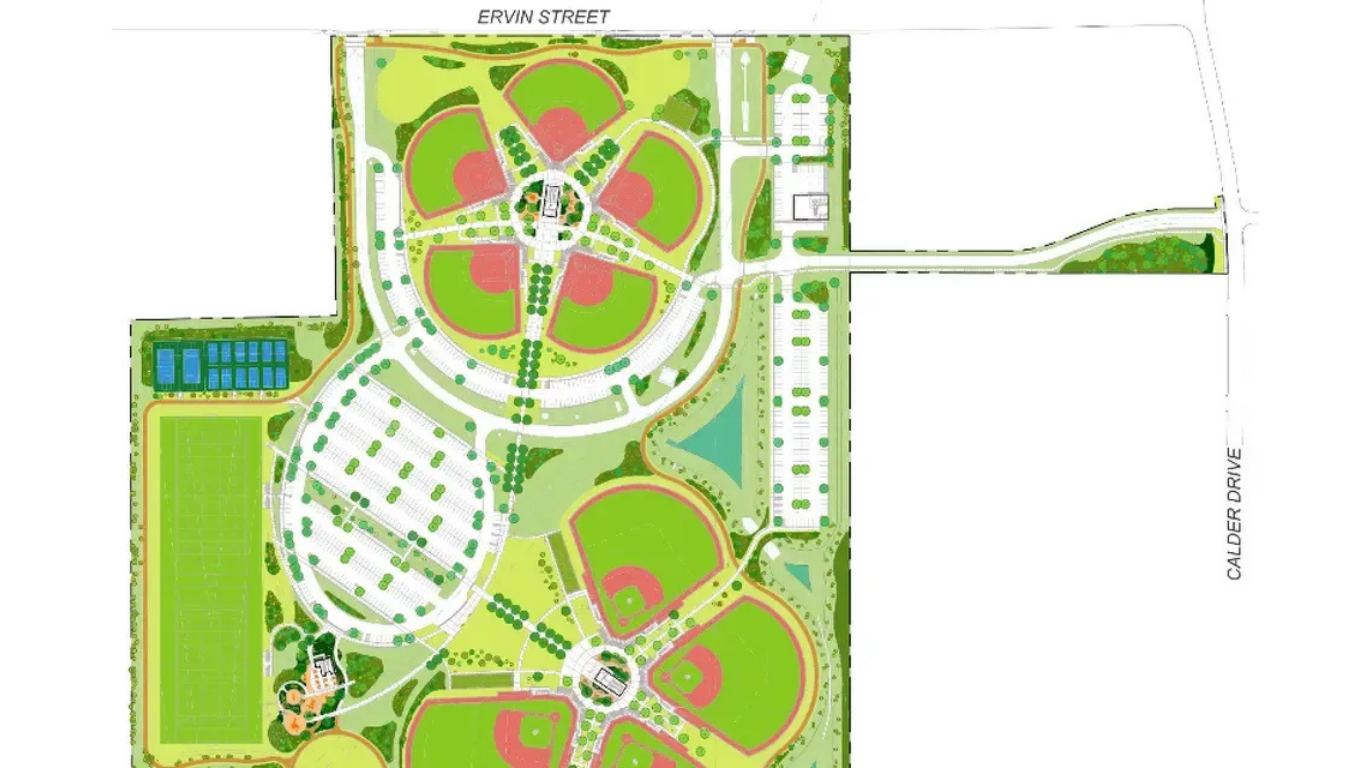 Diagram shows Pat Hallisey Park sportsplex in League City TX