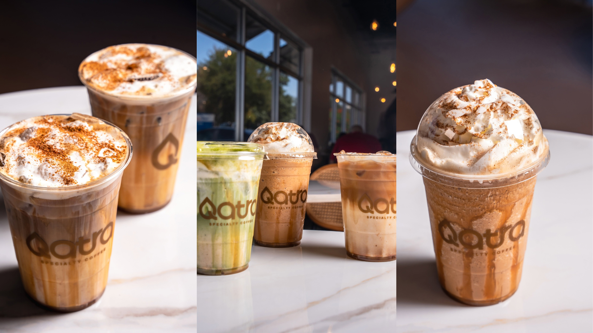 A collage of specialty coffee drinks in clear cups, including iced coffee and a green matcha beverage topped with whipped cream and spices.