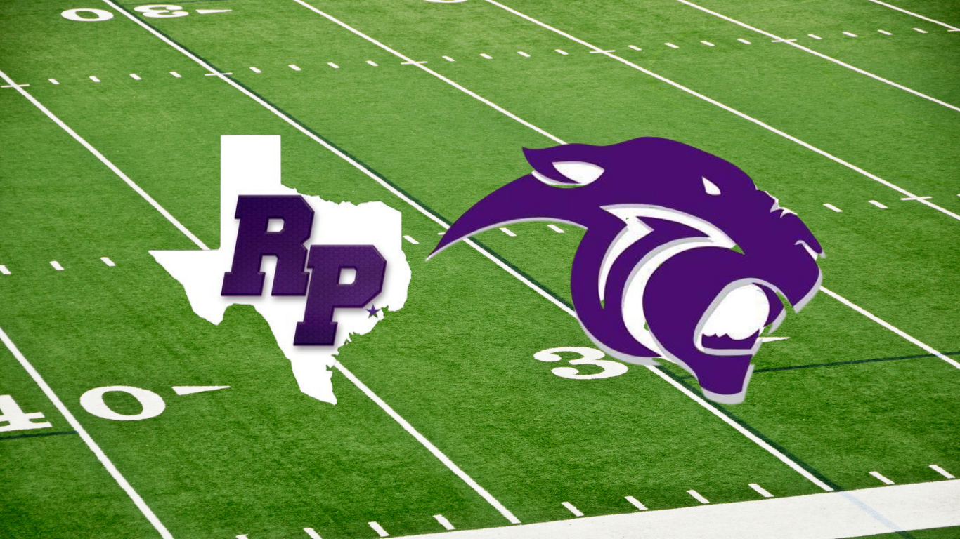 Logo of lion and Texas for local football team on football field turf background.