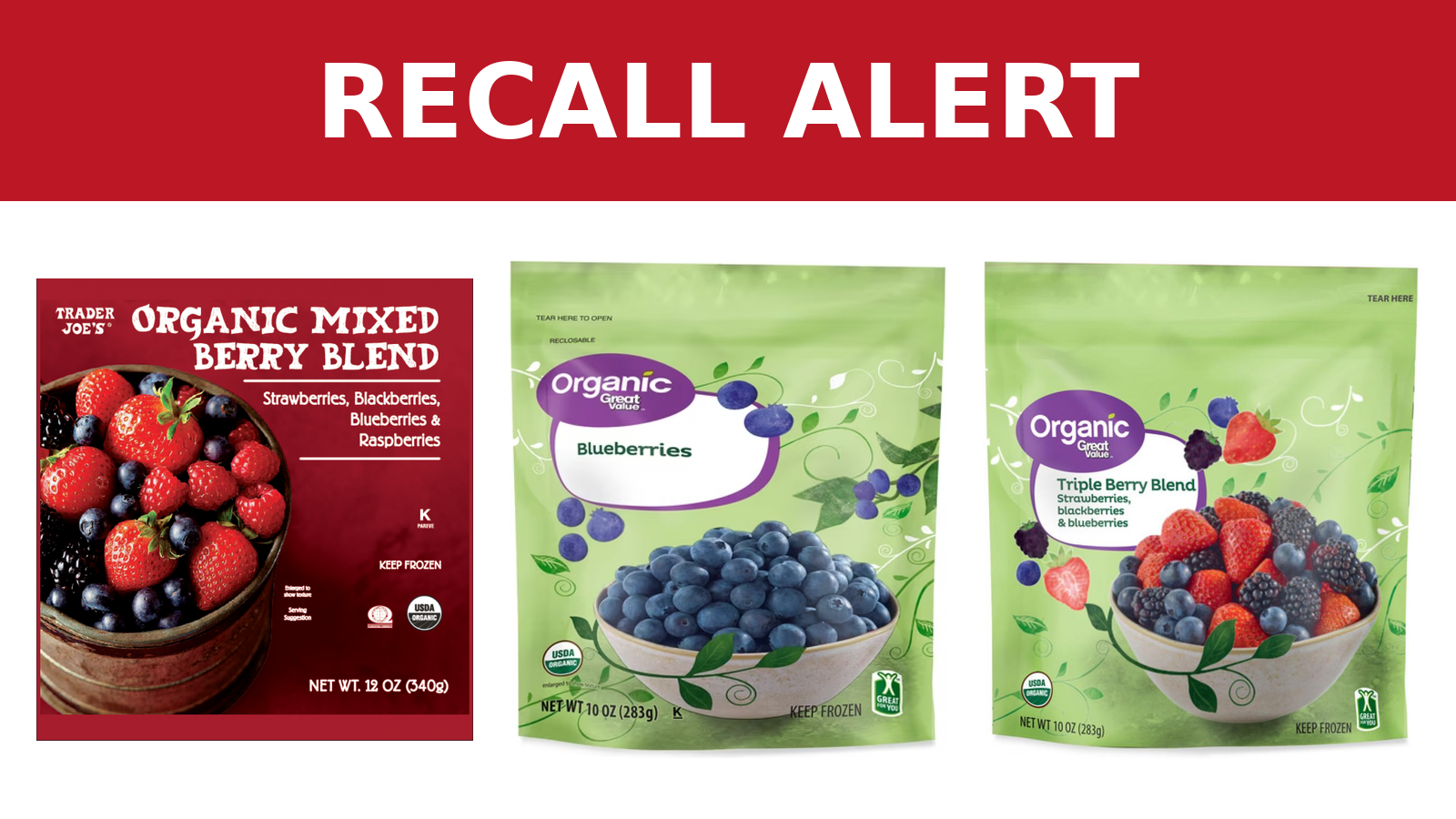 “RECALL ALERT” banner above Trader Joe’s Organic Mixed Berry Blend, Great Value Organic Blueberries and Great Value Organic Triple Berry Blend packages.