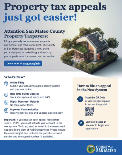 San Mateo County graphic announcing a new online property tax assessment appeals system with instructions for filing an appeal.