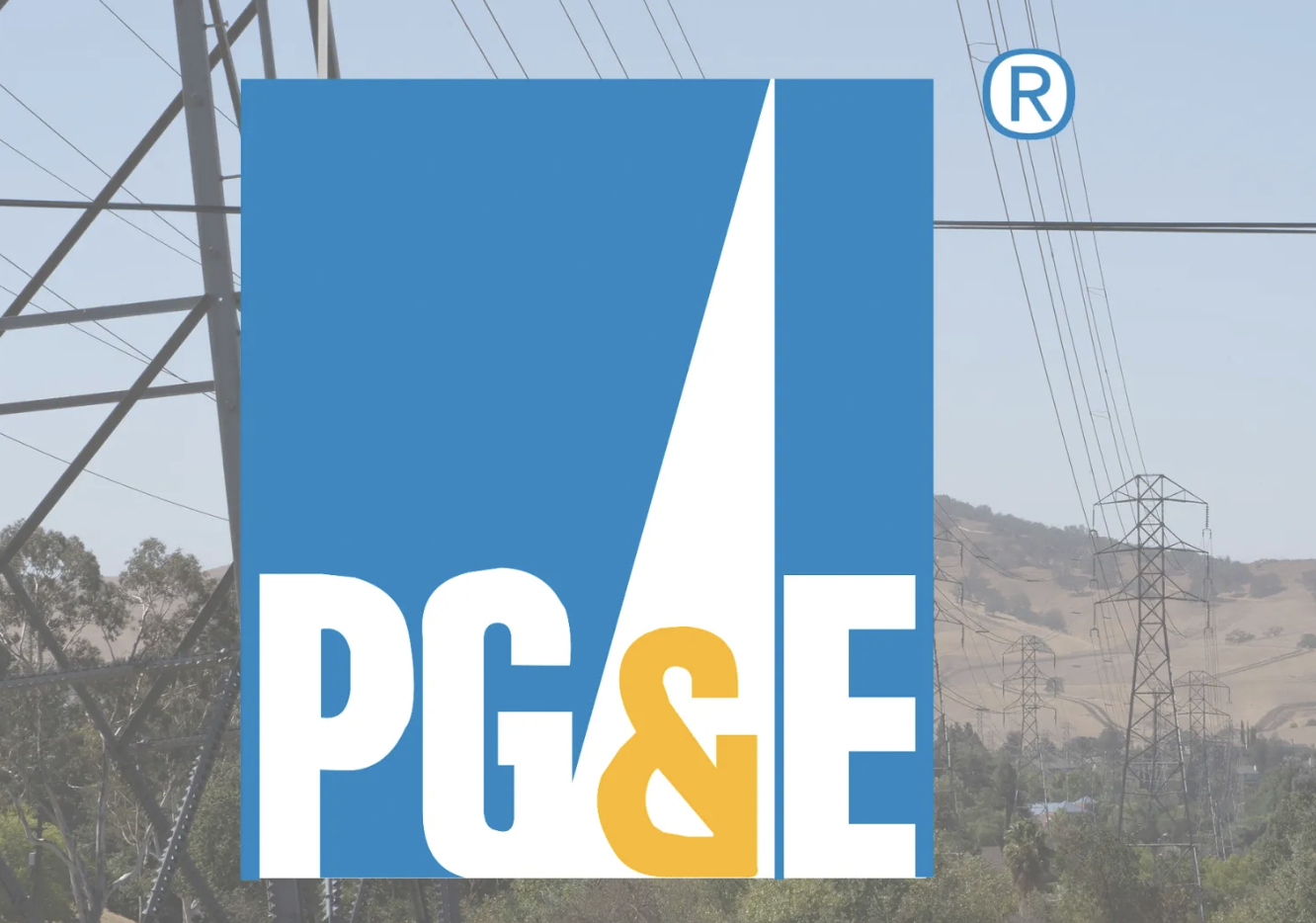 The PG&E logo superimposed over power transmission towers and lines on a dry, brown hillside.