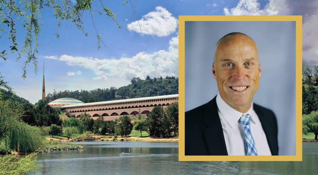 A composite image the Marin County Civic Center building beside a lake, with an inset headshot of Marin County Executive Derek Johnson