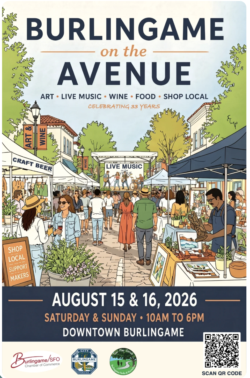 Promotional poster for "Burlingame on the Avenue," celebrating 33 years, featuring a street festival illustration with tents, a live music stage with a four-person band, string lights, and crowds along Burlingame Avenue.