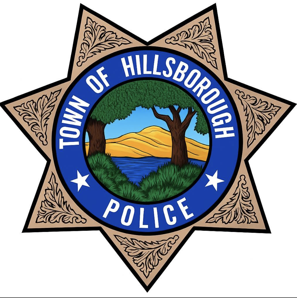 Town of Hillsborough Police Department badge logo, featuring a tree-lined hillside and lake within a seven-point star.