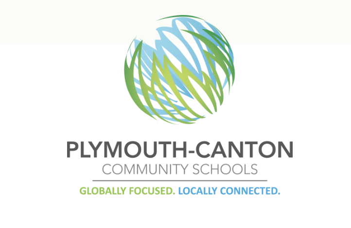 Plymouth-Canton Community Schools logo, featuring a globe icon in blue and green above the text "Plymouth-Canton Community Schools" and the tagline "Globally Focused. Locally Connected."