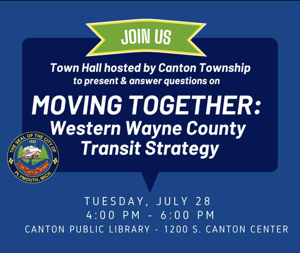 Flyer for Canton Township's "Moving Together" transit town hall, Tuesday, July 28, 4-6 p.m. at Canton Public Library.