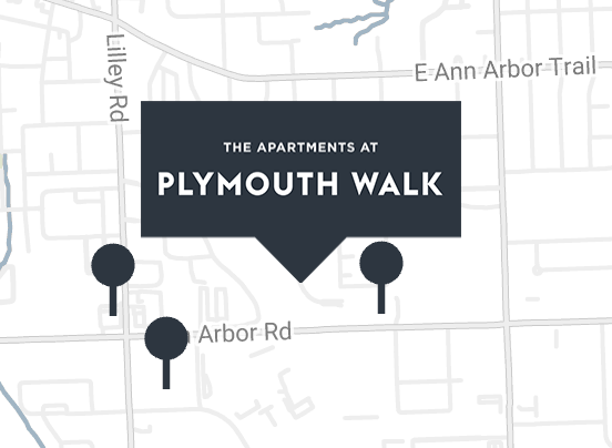 Map graphic showing "The Apartments at Plymouth Walk" location near Lilley Road, E. Ann Arbor Trail, and Arbor Road, with three pins marking nearby points of interest.