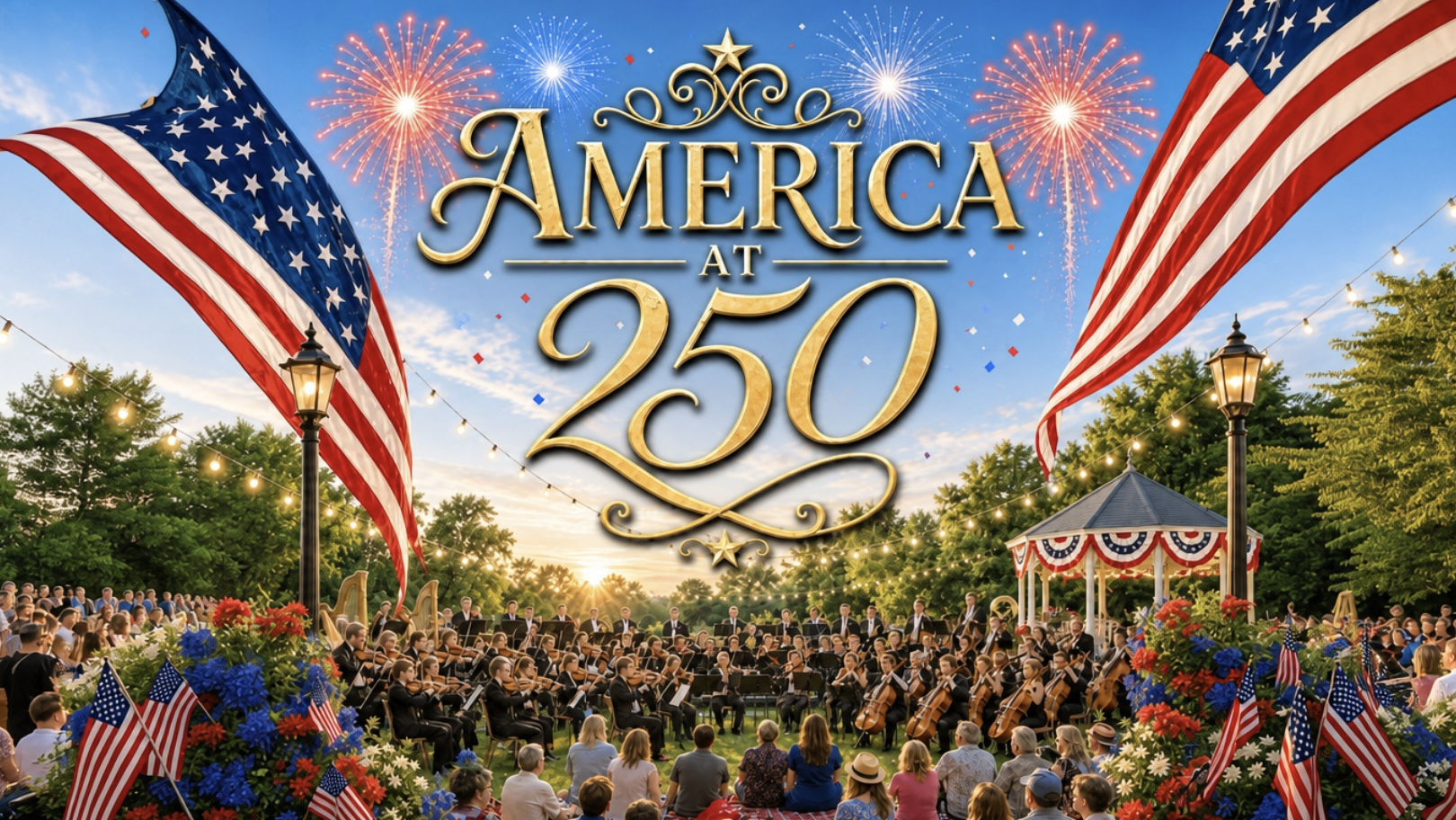 America at 250" graphic with fireworks and flags, over a photo of an orchestra performing outdoors for a seated crowd.
