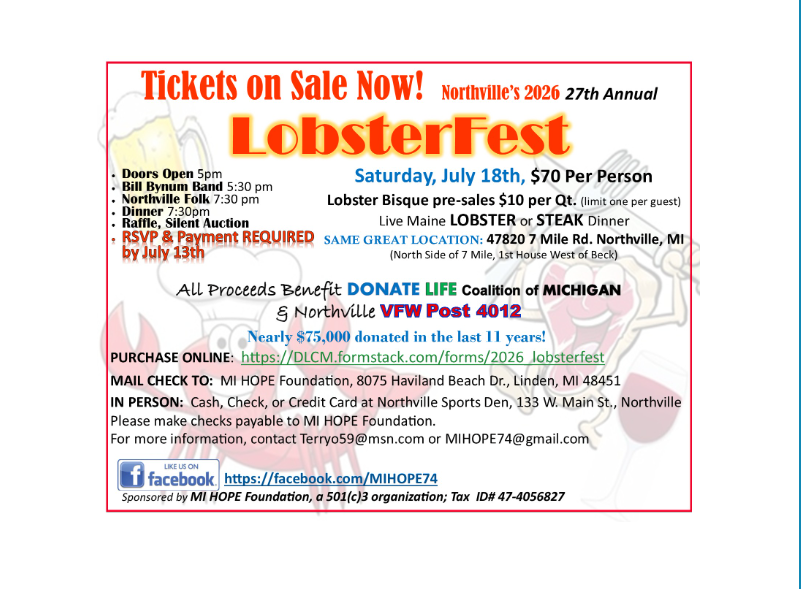Flyer for Northville's 27th Annual LobsterFest, Saturday, July 18, $70 per person, at 47820 Seven Mile Road, featuring live music, a lobster or steak dinner, and a raffle, benefiting Donate Life Coalition of Michigan and Northville VFW Post 4012.