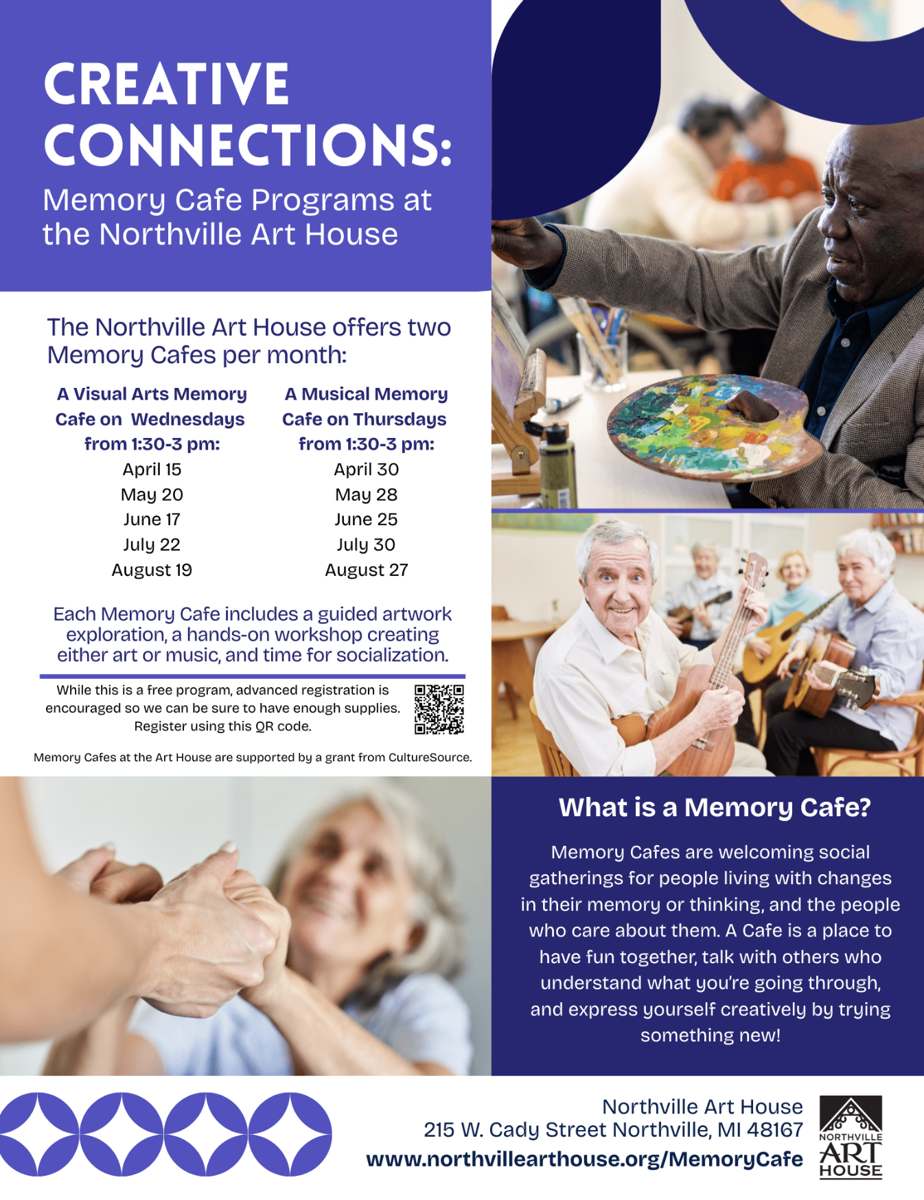 Flyer for "Creative Connections: Memory Cafe Programs at the Northville Art House."