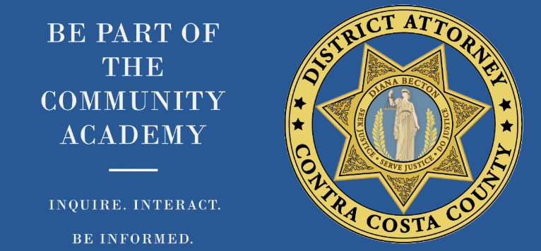 Contra Costa County District Attorney's Office seal beside text reading 'Be part of the Community Academy — Inquire. Interact. Be informed.' on a blue background.