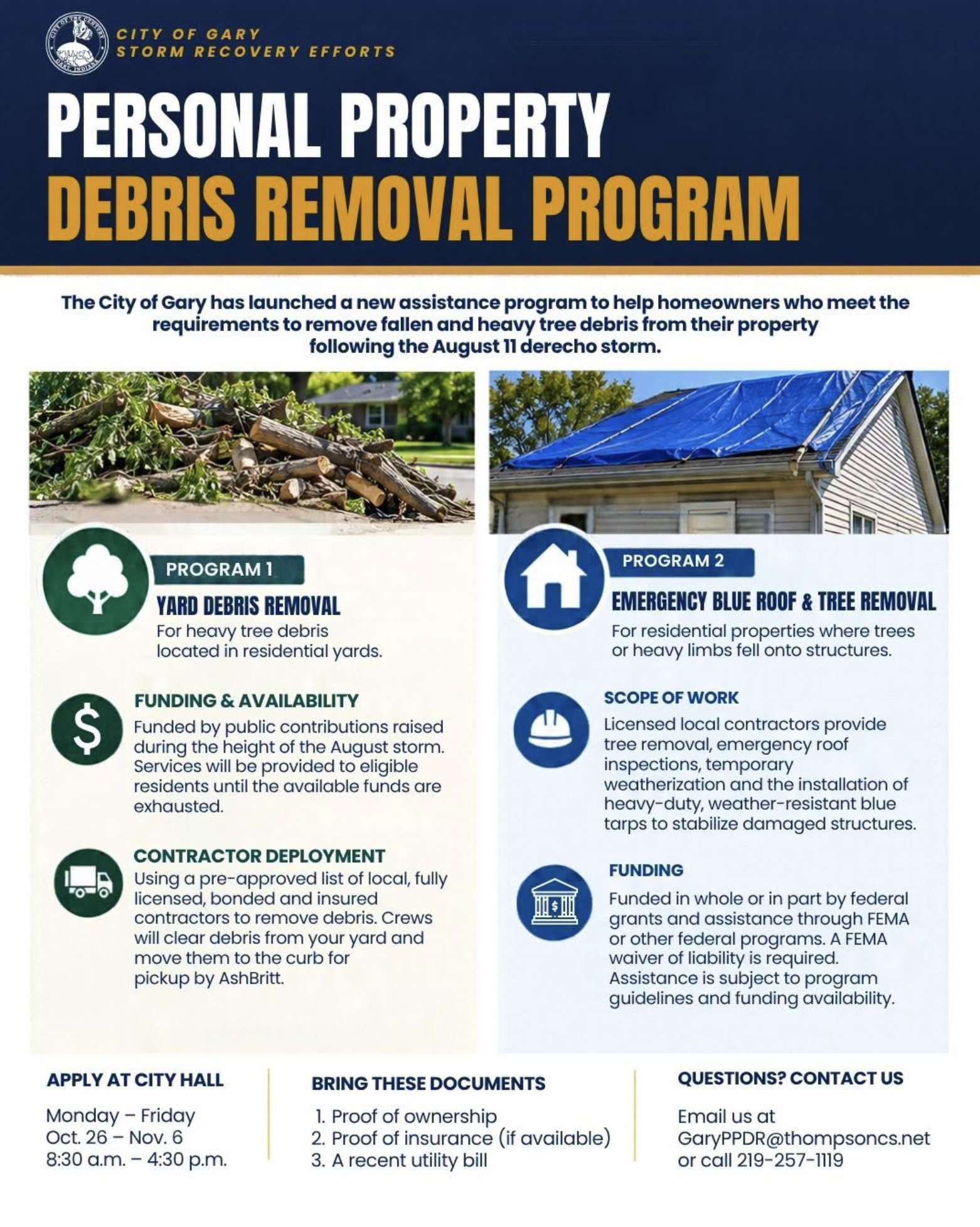 Gary homeowners still struggling with fallen trees and heavy debris from the Aug. 11 derecho can now apply for city-funded removal help at City Hall.