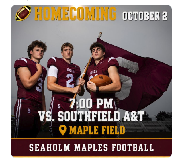 Three football players in maroon uniforms pose with a football and flag in a Seaholm homecoming promotional graphic.