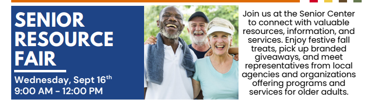 Promotional flyer for a Senior Resource Fair showing event date and time with smiling older adults.