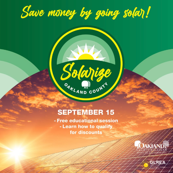 A green and orange promotional graphic for Solarize Oakland County reading "Save money by going solar!" with a September 15 date, advertising a free educational session and solar discount program, featuring the Oakland County Office of Sustainability and GLREA logos.