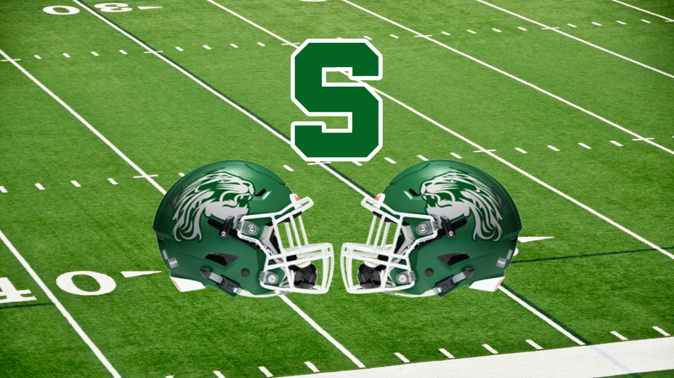 Graphic featuring two green football helmets facing each other on a football field, with a large green “S” above them.