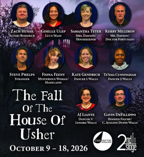 Cast portraits and character names on a dark promotional graphic for “The Fall of the House of Usher,” with Oct. 9–18, 2026, dates and Stagecrafters branding.