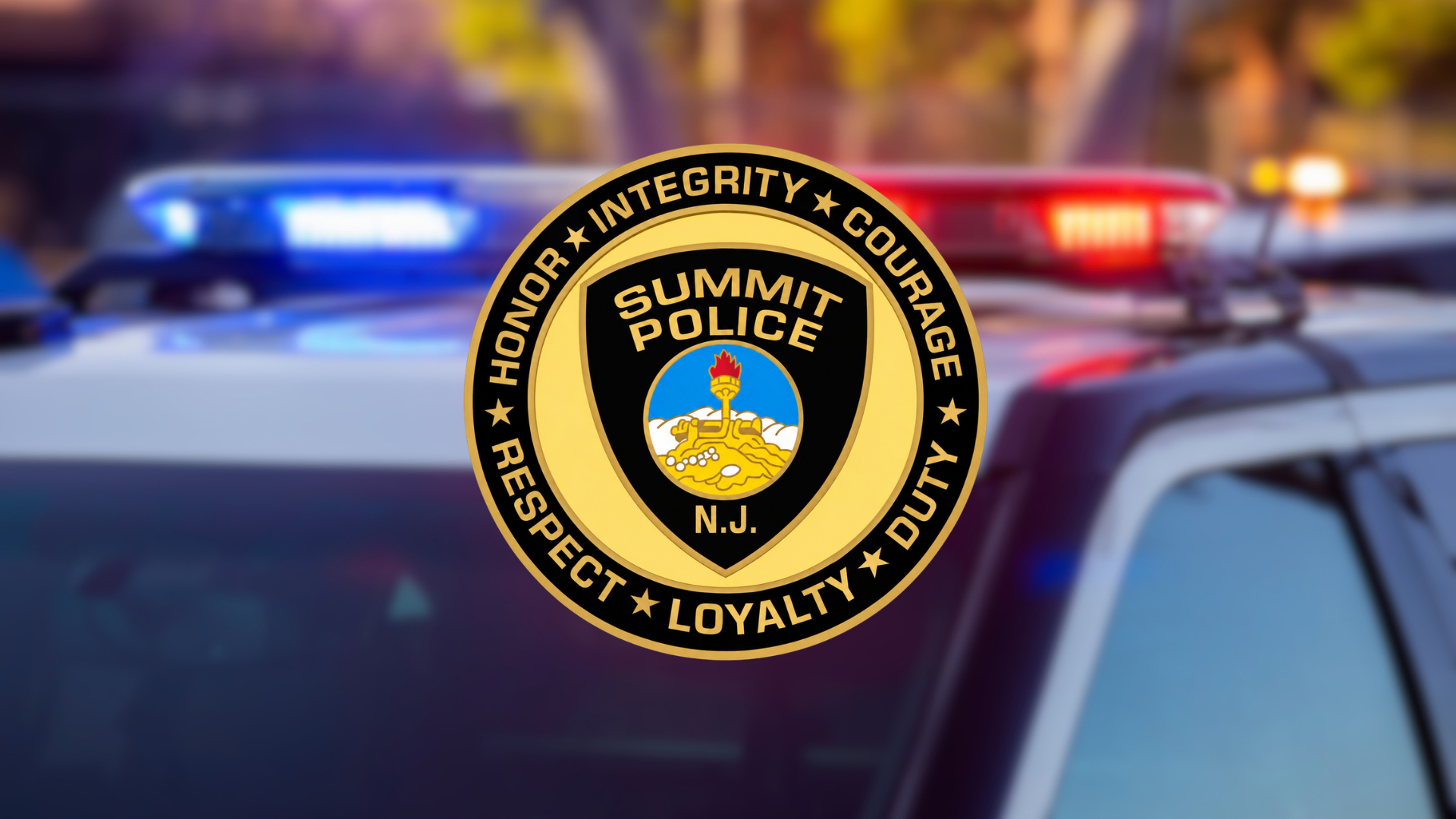 Summit NJ Police Department badge on blurred police cruiser background.