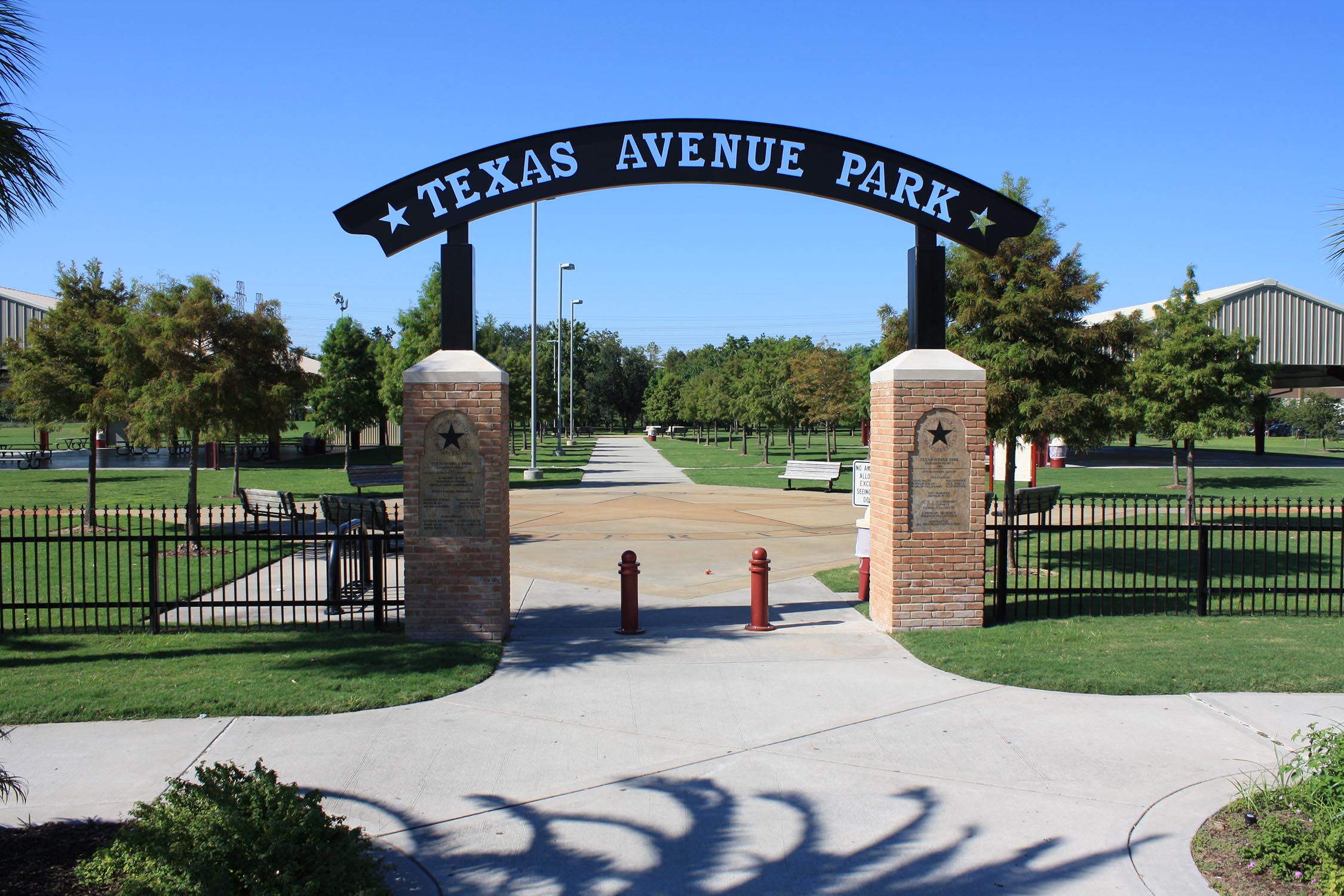 Entrance to park on a bright sunny day.