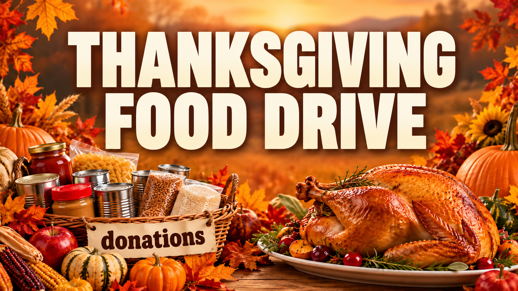 Thanksgiving food drive graphic with bold cream lettering above a basket labeled “donations,” canned goods, a roasted turkey, pumpkins and autumn leaves.