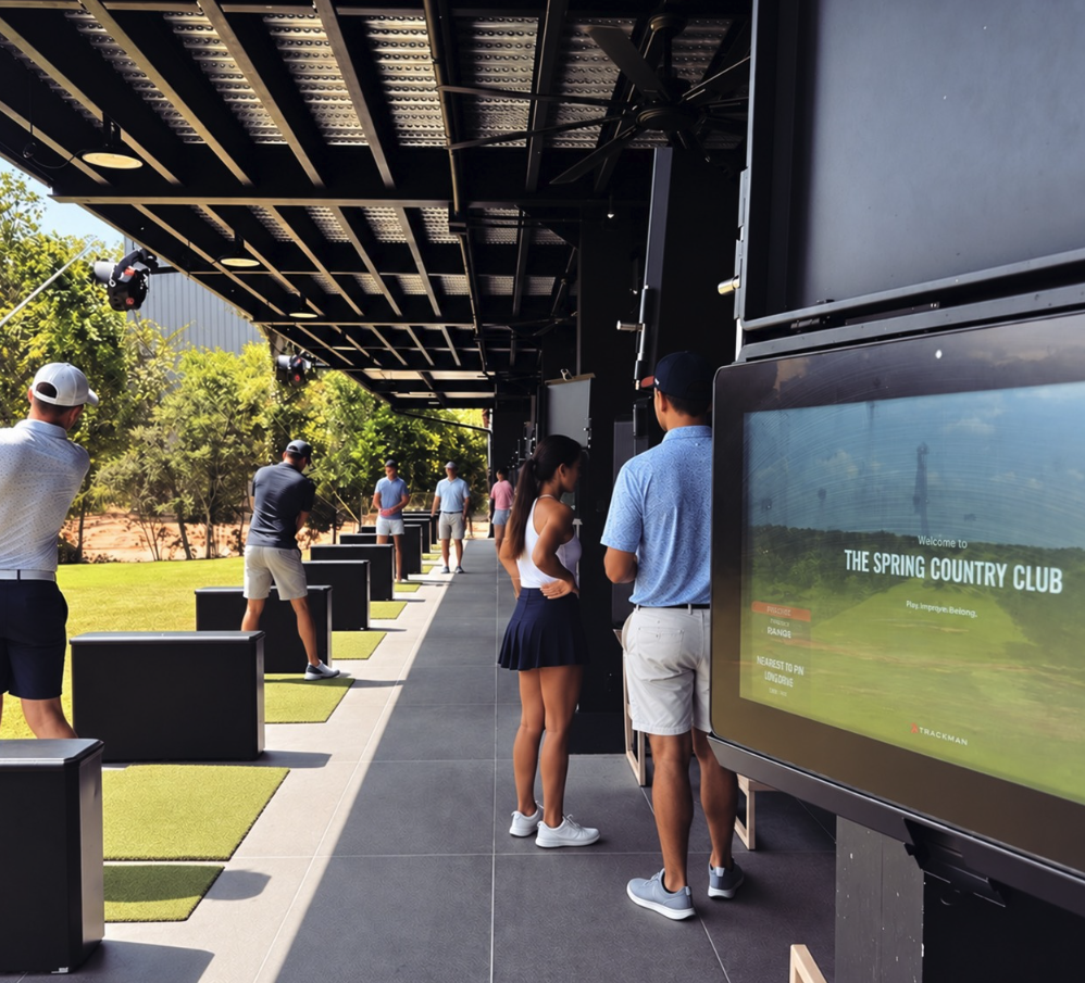 Golfers at country club practice their swing at driving range.
