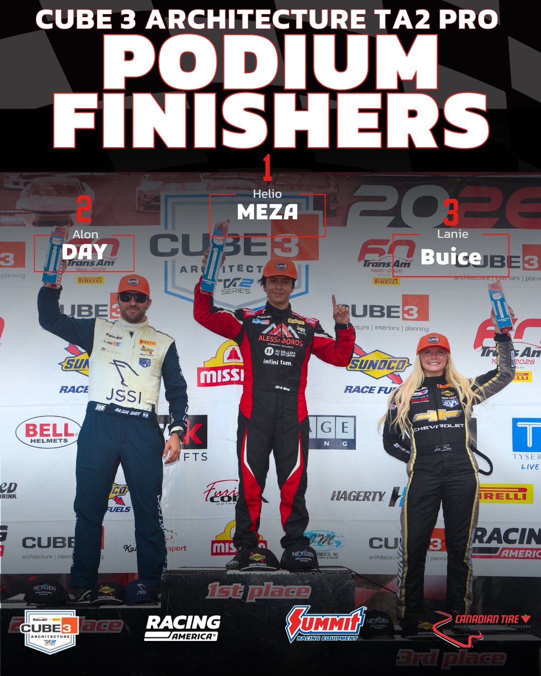 Three people stand on podium with arms up to celebrate finish in Trans Am Series.