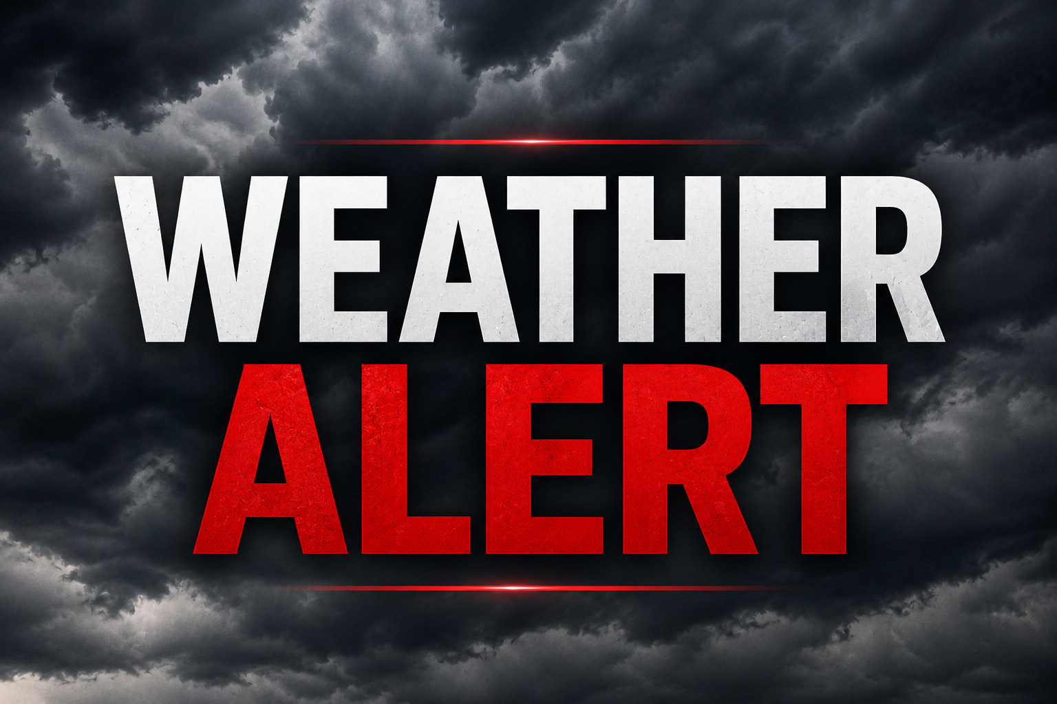 Weather Alert graphic on stormy dark clouds background.